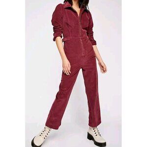 Free People Womens Take Me Out Corduroy Jumpsuit size 6 Retro Boho Oxblood Red